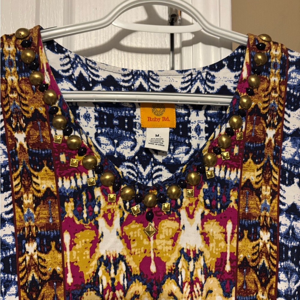Ruby Rd. Navy, Yellow & Burgundy Patterned V-Neck Tunic Size Medium - Picture 5 of 5